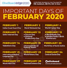 Oliveboard Here Are Some Of The Important Days And Facebook These february days list is very special for every lover present so the february special days list will help you to celebrate all the days of valentine week 2021. here are some of the important days and