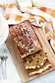 Add the pumpkin, egg, sour cream and molasses and combine fully. Pumpkin Chocolate Chip Cream Cheese Bread