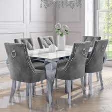 White Mirrored Dining Table With 6 Chairs In Grey Velvet Louis Furniture123 White Dining Room Table Grey Dining Room Table Luxury Dining Room