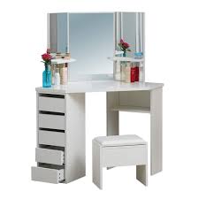 A bedroom vanity gives you ample space to sit and get ready without having to fight for extra room. Clipop Corner Dressing Table Modern Makeup Vanity Table With 3 Mirror And 5 Drawer 1 Stool Makeup Desk Bedroom Girls Dressing Table Furniture 114x61x140cm Buy Online In Antigua And Barbuda At Antigua Desertcart Com Productid