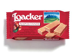Manner wafers are made of five layers of tender wafers filled with four layers of delicate hazelnut cocoa cream, containing 12% hazelnuts in the cream. Loacker Napolitaner Filled Wafers 45g Biscuits Loacker Chocolates Direct