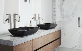 All black vanity lighting can be shipped to you at home. A Bathroom Features A Double Vanity With Black Vessel Sinks On A Stone Countertop Home Depot Bathroom Gray Bathroom Decor Bathrooms Remodel