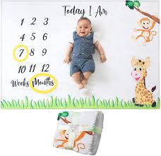 Amazon Com Baby Monthly Milestone Blanket For Boy Or Girl Unisex Month Blanket Baby For Pictures Jungle Safari Giraffe Monkey Theme Personalized Shower Gifts New Moms Track