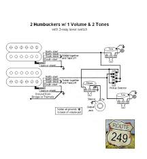 Tele style guitar wiring diagram with three single coils 5 way lever switch 1 volume 2 tones. Wiring Two Humbuckers With One Volume And Two Tone Controls Route 249