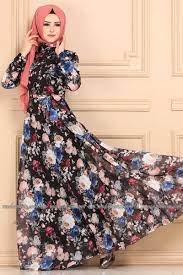 Desenli Sifon Elbise Ygs6211 Siyah Indigo Moda Selvim The Dress Musluman Elbisesi Resmi Elbise