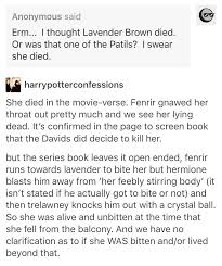 So, the theme is death and since i felt like everyone hates cho chang and lavender brown (two characters i admit that i love) i. Ha Thanks For Saying This I Swear Everyone Thinks She Died But It S Only In The Movie We Get Thi Harry Potter Universal Harry Potter World Harry Potter Books