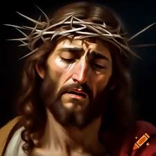 Jesus christ with light brown hair standing in brown sandals by the  seashore with waves wearing a beige robe under stars night sky