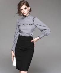 Women S Famous Designer Gray Blouse Black Skirt Suit Professional Women S Business Attire Moda Igreja Moda Saia E Blusa