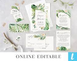 Tropical Beach Wedding Invitation Template Bundle Printable Etsy Greenery Wedding Invitations Wedding Invitation Templates Beach Wedding Invitations
