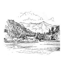 Drawing mountain sketch, mountain landscape, landscape, monochrome, happy birthday vector images png. Black And White Sketch Pencil Drawinggermany Mountain Lake Etsy