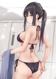 wing (aiastor), original, commentary request, highres, 1girl, adjusting  clothes, adjusting swimsuit, ass, back, bare arms, bare shoulders, bikini,  black bikini, black hair, breasts, closed mouth, colored tips, cowboy shot,  gradient hair, holding,