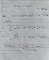 Perbadingan umur contoh soal 1: Perbandingan Usia Ayah Dan Kakek Adalah 2 5 Jumlah Umur Mereka 105 Tahun Maka Selisih Umur Mereka Brainly Co Id