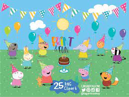 Peppa Pig George And Friends Birthday Party Png Clipart Elements Background Cake Balloons Party Hats Event Decoration Friend Birthday Peppa Pig Party Baby Shower Invitations