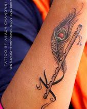 Decorative Peacock Feather With Flute Freehand Designed Tattoo Krishna Tattoo Flute Tattoo Peacock Tattoo