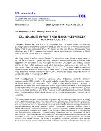 CCL Industries Inc. CCL INDUSTRIES APPOINTS NEW SENIOR VICE PRESIDENT HUMAN  RESOURCES