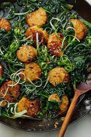 Soy Butter Basted Scallops With Wilted Greens And Sesame Recipe Recipe Sesame Recipes Recipes Soy Butter