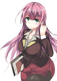 kirisu mafuyu, bokutachi wa benkyou ga dekinai, highres, 1girl, black  pantyhose, blue eyes, blush, book, braid, breasts, cleavage, female focus,  frown, hand up, large breasts, naka kwanishi, pantyhose, pencil skirt, pink  hair,