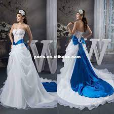 Gorgeous Elegant Satin Lace Appliqued Wirh Bowknot Sash Royal Blue And White Wedding Dresse Blue Wedding Dress Royal Blue Wedding Dresses White Wedding Dresses