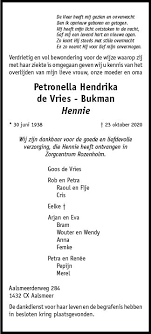 Acteur en schrijver dolf de vries (83) is thuis in zijn woonplaats den haag overleden. Overleden Petronella Hendrika De Vries Bukman 30 06 1938 23 10 2020