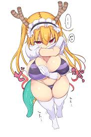 cool-kyou shinja, tohru (maidragon), kobayashi-san chi no maidragon,  highres, 1girl, bikini, blonde hair, breasts, cleavage, dragon girl, dragon  horns, dragon tail, gloves, gradient hair, groin, horns, large breasts,  long hair, looking at