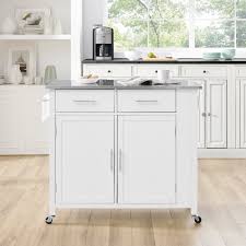 Constructed of solid hardwood and wood veneers, this stationary kitchen island has a drop leaf to expand your work space when you need it. Crosley Furniture Savannah Stainless Steel Top Full Size Kitchen Island Cart