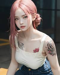 There is a woman with pink hair sitting on a bench - SeaArt AI