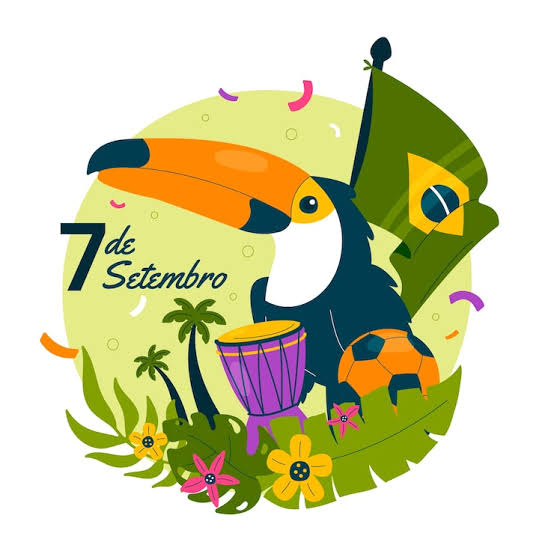  Ilustração colorida com o tema “7 de Setembro”. Ao centro, há um tucano sobre uma paisagem verde, acompanhado de um tambor, uma bola de futebol e uma bandeira do Brasil ao fundo. A cena também apresenta flores, palmeiras, folhas e elementos decorativos nas cores verde, amarelo, azul e laranja. O texto “7 de Setembro” aparece à esquerda da ilustração.