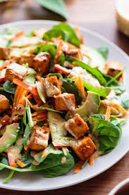 Marinated Tofu Avocado And Spinach Salad With Creamy Toasted Sesame Soy Dressing Ilovevegan Com Vegan Marinated Tofu Tofu Salad Recipes Tofu Salad