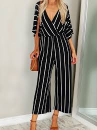 Black And White Striped Jumpsuit With Sleeves Women Casual Loose Deep V Neck Striped Jumpsuit Banggood Mobile Casual Wide Leg Pants Striped Jumpsuit Black Jumpsuit Wide Leg
