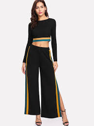 Black And Yellow Striped Palazzo Pants Striped Hem Crop Top Split Side Palazzo Pants Set Shein Sheinside Palazzo Pants Striped Crop Top Two Piece Outfit