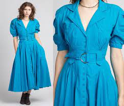 80s Karen Alexander Blue Belted Puff Sleeve Maxi Dress Small Vintage Button Up Fitted From Flying Apple Vintage Of Los Angeles Ca Attic