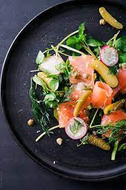 Smoked salmon, horseradish and cress toasts. Scottish Smoked Salmon Salad With Watercress Radish Capers And Sesame Seeds Smoked Salmon Salad Fancy Salads Healthy Lunch