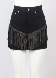 Saint Laurent Studded Leather Fringed Denim Mini Skirt For Sale At 1stdibs