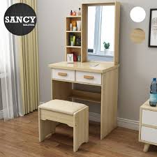 The mdf is not the best one, but what i liked about it was the adjustable height feet, in the bottom, to make it more sturdy. Ready Stock Sancy Dressing Table Vanity Makeup Table Set With 360 Degree Mirror And Soft Padded Stool For Bedroom Shopee Malaysia