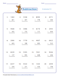 These math worksheets provide problems with large numbers that are solved by the students at their own pace by understanding each. 3 Digit Subtraction Worksheets