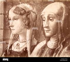 Church of Santa Maria Novella, Florence: Head of two maids, detail of "The  visit of St. Elizabeth, painted by Domenico Ghirlandaio Stock Photo