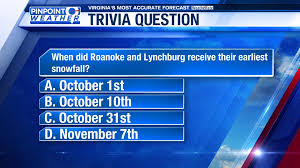 Try these trivia winter quiz questions and answers to see how much you know about this season. Wfxr Weather Trivia Earliest Snowfall Dates In Roanoke And Lynchburg Wfxrtv