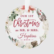 Our First Christmas As Mr Mrs Floral Wreath Photo Ornament Zazzle Com In 2020 First Christmas Personalized Christmas Ornaments Photo Ornaments