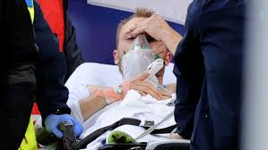 Denmark's midfielder christian eriksen is evacuated after collapsing on the pitch during the uefa euro 2020 group b football match between denmark and finland at the parken stadium in. 8ylzv0s5rnjo3m