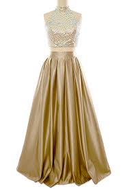 Luxury Gold Prom Formal Dresses Two Piece High Neck 2018 Satin A Line Keyhole Back Ruched Crystal Rhinestones Evening Pageant Dress Gowns Cheap Long