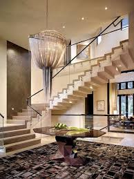 Modern Staircase With Mother Chandelier Designed By Baylar Atelier High Ceiling Phil Kean Designs Floating S Modern Staircase Staircase Design Stairs Design
