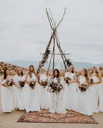 26 Chic Bridal Parties Wearing All White Dresses Bohemian Bridesmaid Bohemian Bridesmaid Dress Bridesmaid