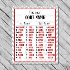 Code Name Chart Spy Party Diy Birthday Party Games Spy Birthday Parties