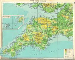 Devon devon is a large county in england's west country, bordered to the west by cornwall and to the east by dorset and somerset.uniquely amongst english counties, devon has two separate coastlines: Cornwall West Country Map Vintage Map From School Atlas 1950s Paper Ephemera Travel Uk England Country Maps Vintage Map Cornwall Map