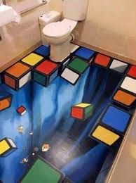 Real Funny Trippy Bathroom Floor With Falling Rubik S Cube Pieces Floor Art 3d Floor Art 3d Street Art