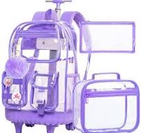 Mochila transparente con ruedas para niñas y mujeres, resistente PVC  transparente con ruedas para viajes escolares, Púrpura
