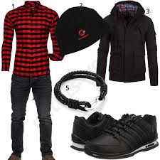 Schwarz Rotes Herrenoutfit Mit Hemd Jacke Und Jeans M0978 Hemd Mutze Kswiss S Mens Fashion Casual Outfits Men Fashion Casual Outfits Mens Casual Outfits