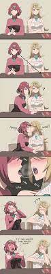 2girls accidental circumstance accidental kiss accidental  selfcest accidental yuri blonde hair comic dialogue embarrassed full face  blush heavy breathing incest jourd4n kissing mythra nintendo pyra red hair  saliva saliva
