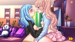 2girls amy (college life) blue hair blush breasts college life  glasses green eyes helga (college life) hi res kissing nutaku orange hair  partially clothed purple eyes uncensored 