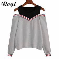 Pas Cher Rogi Femelle Jumper Sweat 2017 Off Epaule Patchwork Hoodies Top Automne Hiver Ras Du Cou Pulls Survetement Svetsortler Kadin Kiyafetleri Moda Stilleri